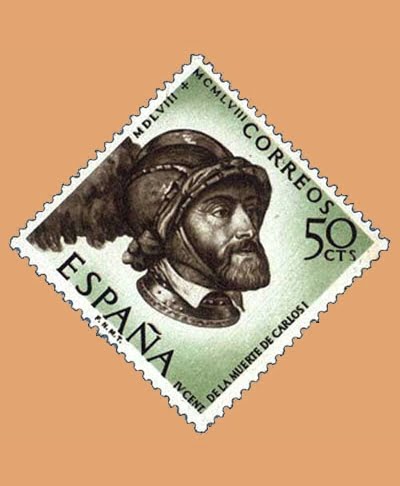Edifil 1225. Centenario de la muerte de Carlos I de España y V de Alemania. Sello 50cts. 1958 castaño grisáceo y verde