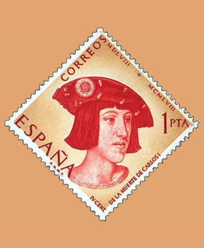 Edifil 1228. Centenario de la muerte de Carlos I de España y V de Alemania. Sello 1pta. 1958 rojo y amarillo
