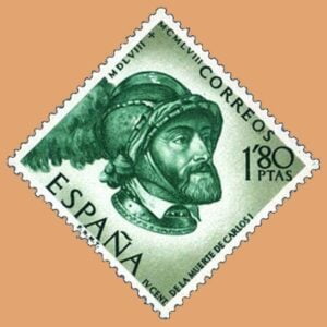 Edifil 1229. Centenario de la muerte de Carlos I de España y V de Alemania. Sello 1,80ptas. 1958 esmeralda y verde