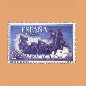 Edifil 1255 Fiesta Nacional: Tauromaquia. Sello 20cts. 1960 violeta y azul