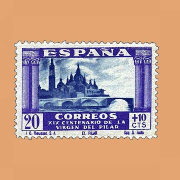 Edifil 891 XIX Centenario de la Virgen del Pilar Sello 20cts. + 10cts. 1940 violeta y azul