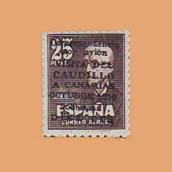 Edifil 1083. Visita del Caudillo a Canarias. Sello 25 p. + 10 cts. FALSO 1950