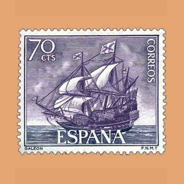Edifil 1603. Homenaje a la Marina Española. Galeón. Sello 70 cts. ** 1964