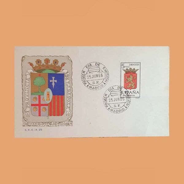 Edifil 1701PD. Escudo Zaragoza 1966. Sobre Primer Día