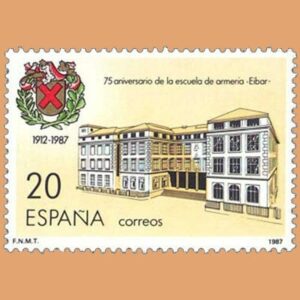Edifil 2907. 75º Aniversario de la Fundación de la Escuela de Armería de Eibar. Sello de 20 pts. **1987