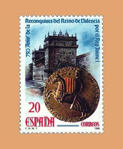 Edifil 2967. 750 Aniversario de la Reconquista del Reino de Valencia por Jaime I. Sello de 20 pts. **1988