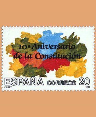 Edifil 2982. X Aniversario de la Constitución española de 1978. Sello de 20 pts. 1988