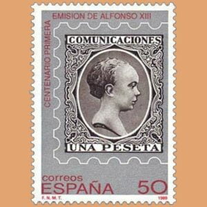 Edifil 3024. Centenario primera emisión de Alfonso XIII, 'El Pelón'. Sello de 50 pts. **1989