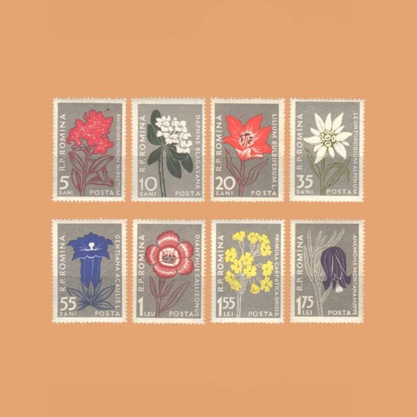 RO 1517/24. Serie Flores de los Cárpatos. 8 valores **1957