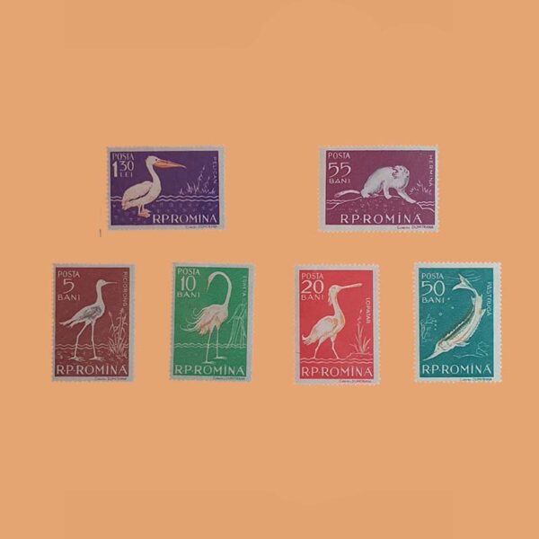 RO 1552/7. Serie Fauna del Delta del Danubio. 6 valores *1957